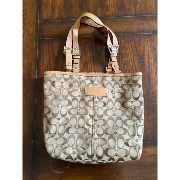 Coach Hamptons Signature Lunch Tote Purse Fabric Shoulder Bag Khaki Logo F15664 - Picture 7 of 12